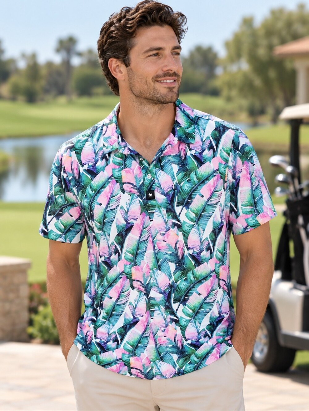 Bad Birdie Mens M Golf Polo Tropical Palm Leaf Performance Shirt Hawaiian Preppy